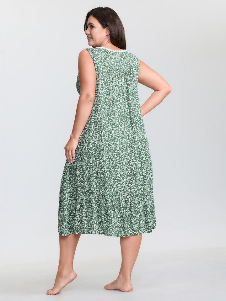 Floral Lace Trim Color Contrast Sleep Dress