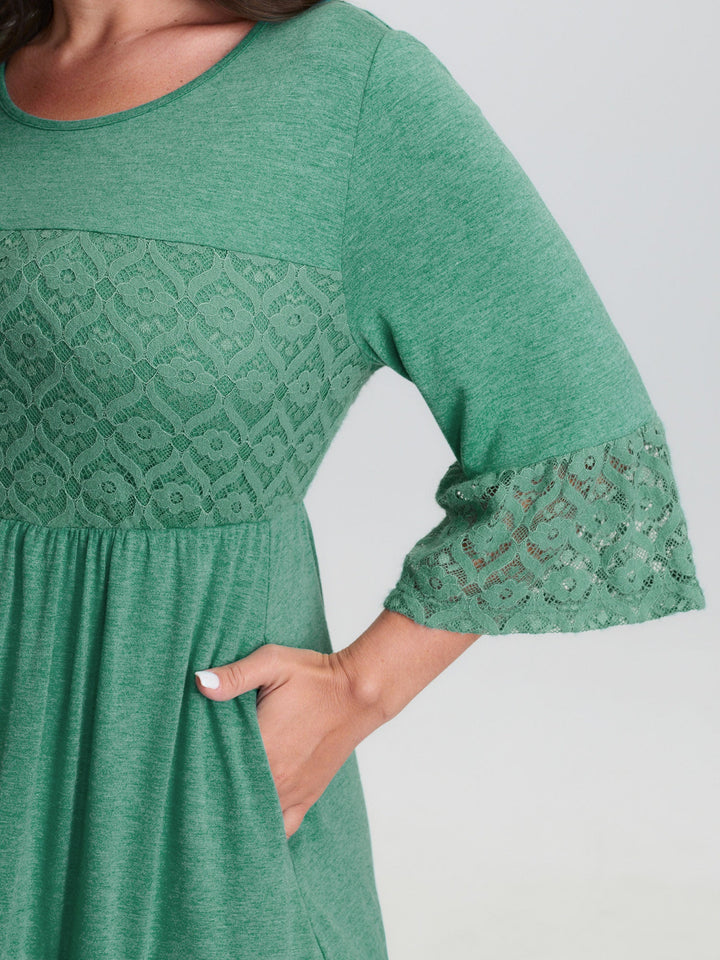 Lace Trim Tiered Sheer Sleeve Midi Dress