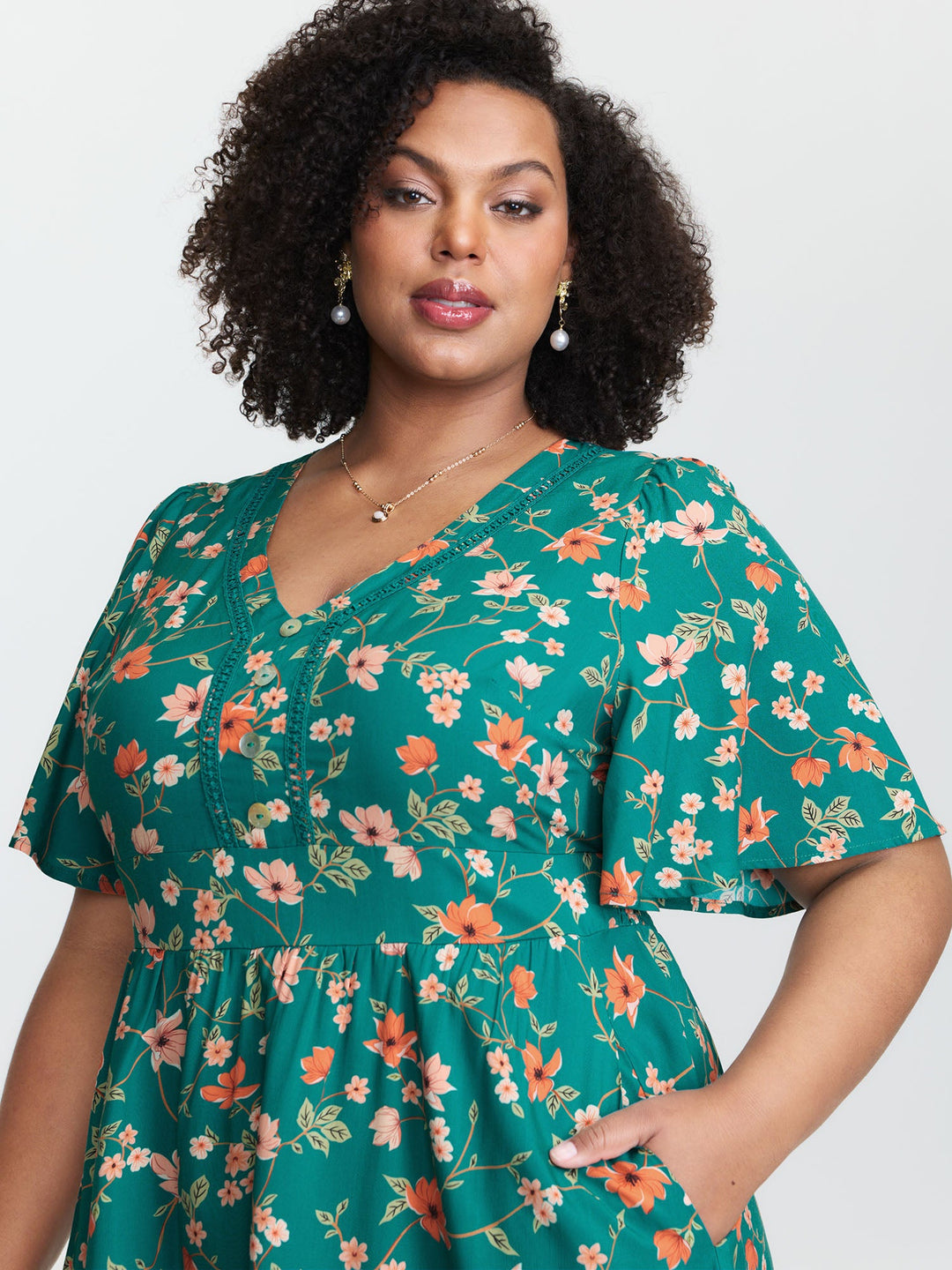 Floral Fun Lace Trim Shirred Midi Dress