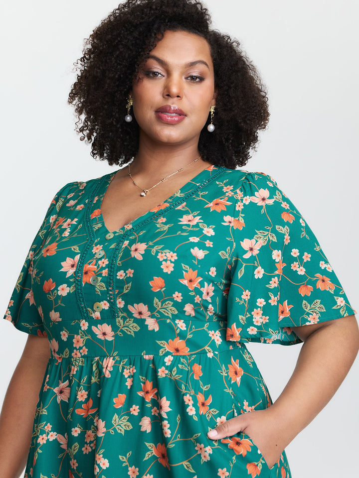 Floral Fun Lace Trim Shirred Midi Dress