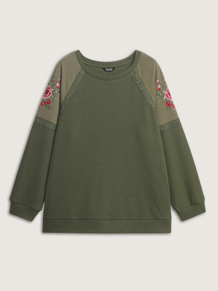 Crossstich Lace Trim Floral Embroidery Sweatshirt