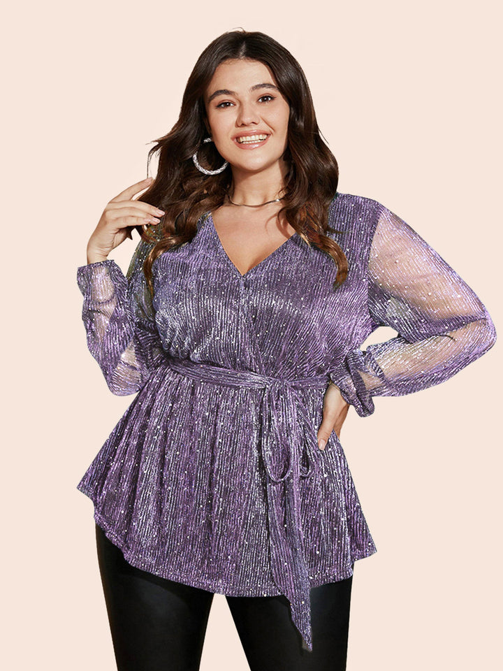 Sequin Mesh Lantern Sleeve Wrap Belted Striped Blouse
