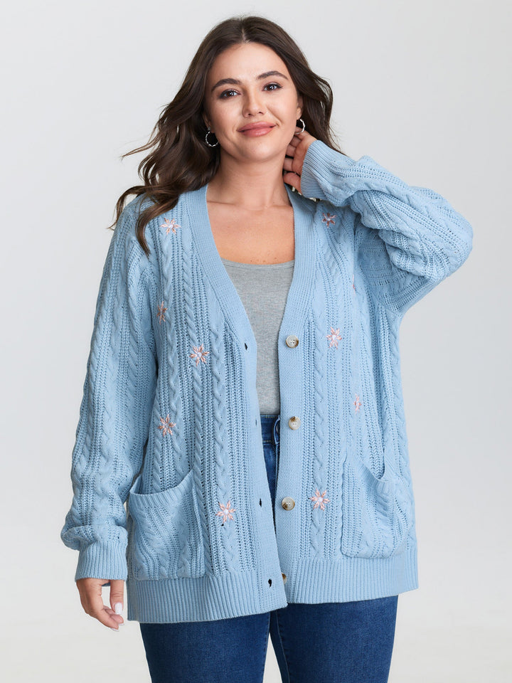 Braided Texture Floral Embroidery Knit Cardigan