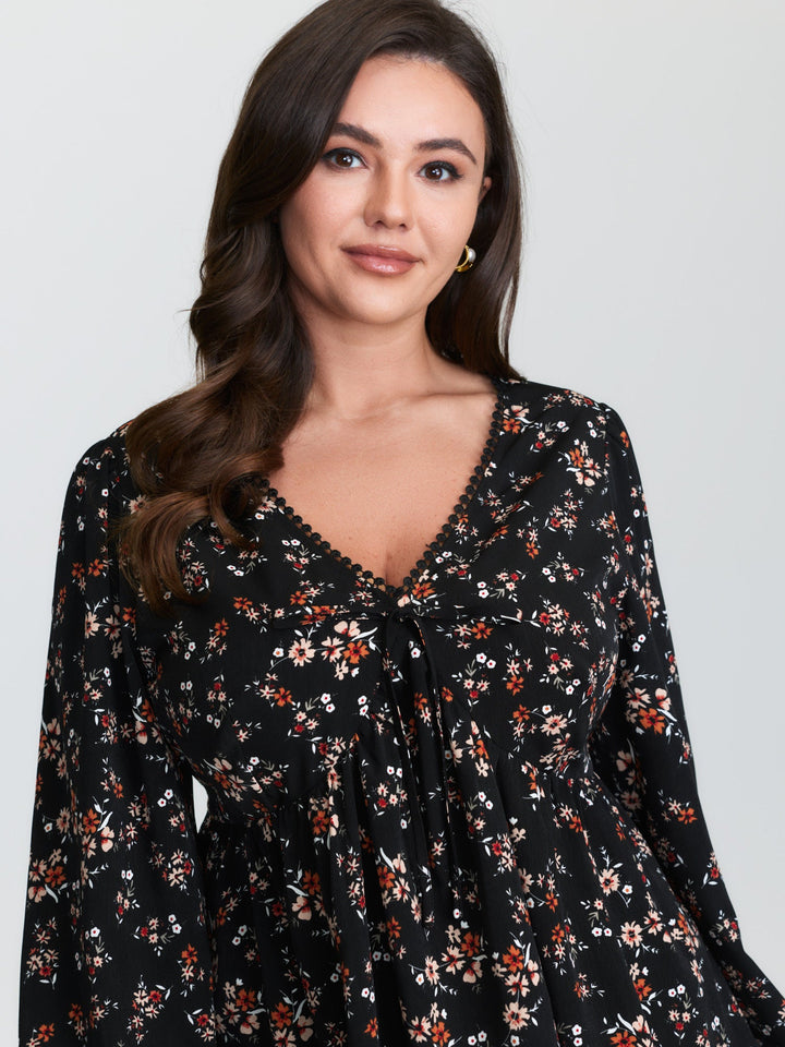 Floral Print Lace Cinched-Flared Blouse