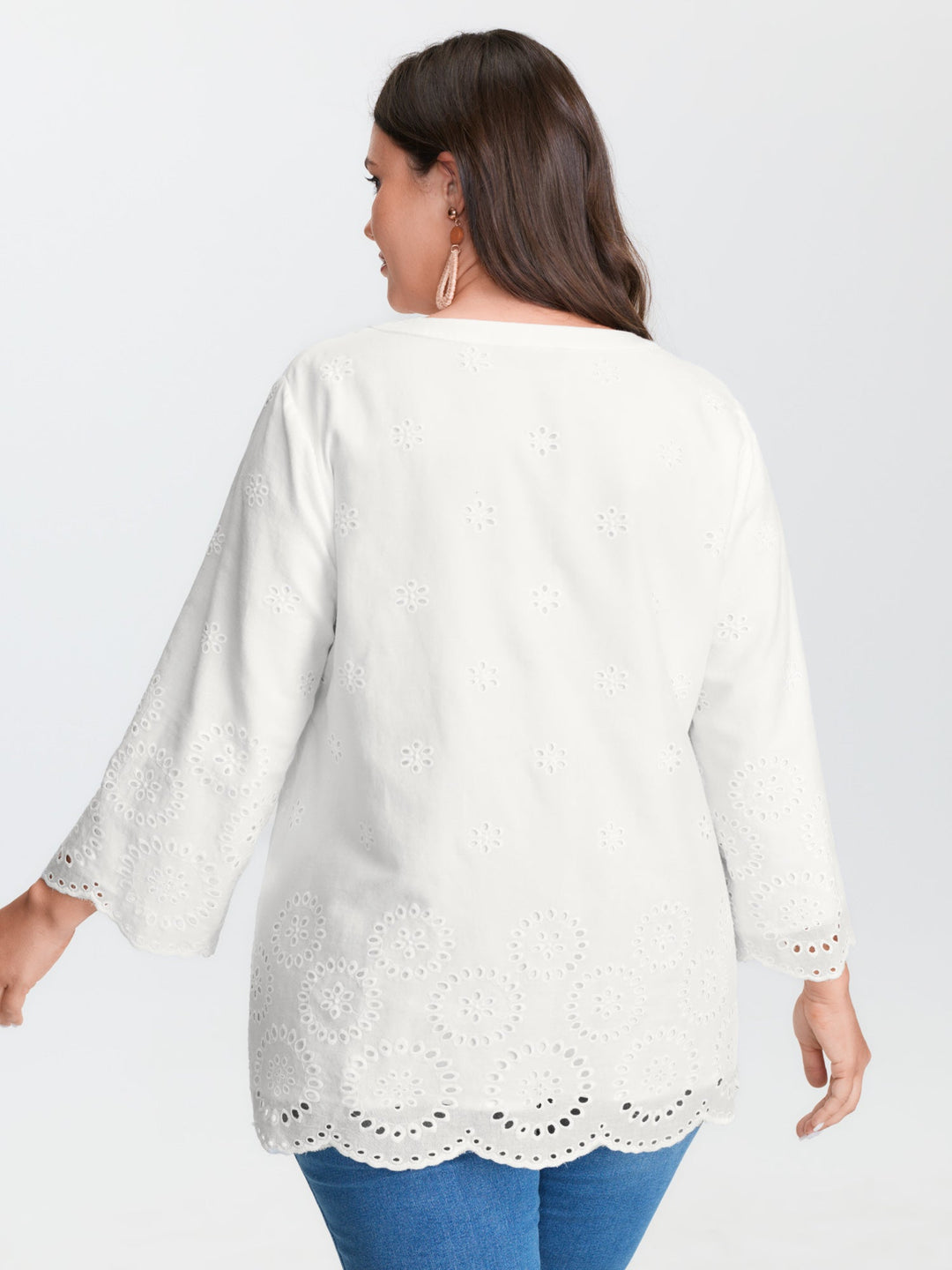Floral Eyelet Trim Notched Collar Blouse