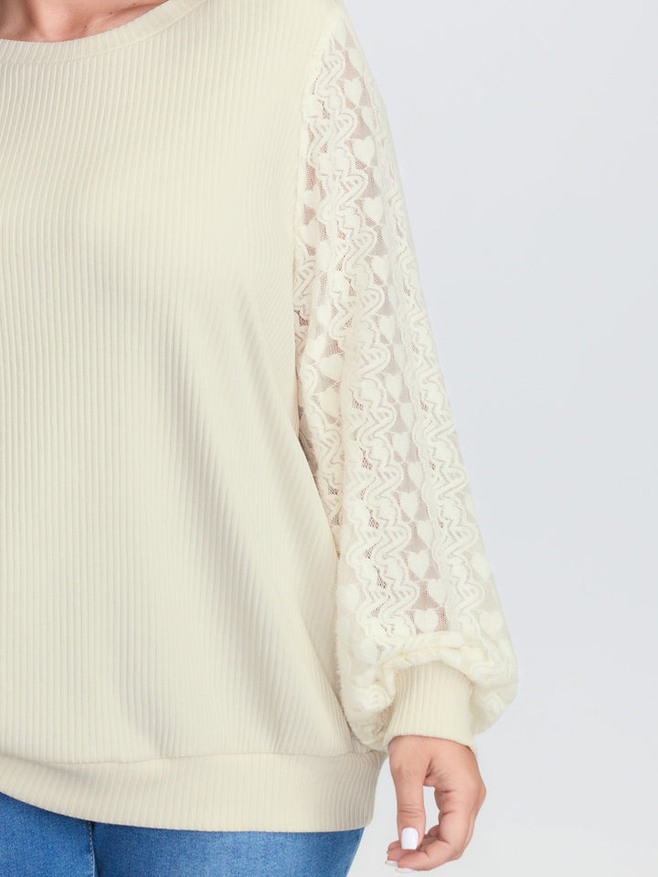 Lace Contrast Sleeve Ribbed Sweatshirt