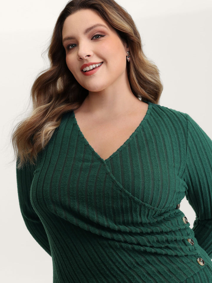 Textured Wrap Button Detail Knit Top