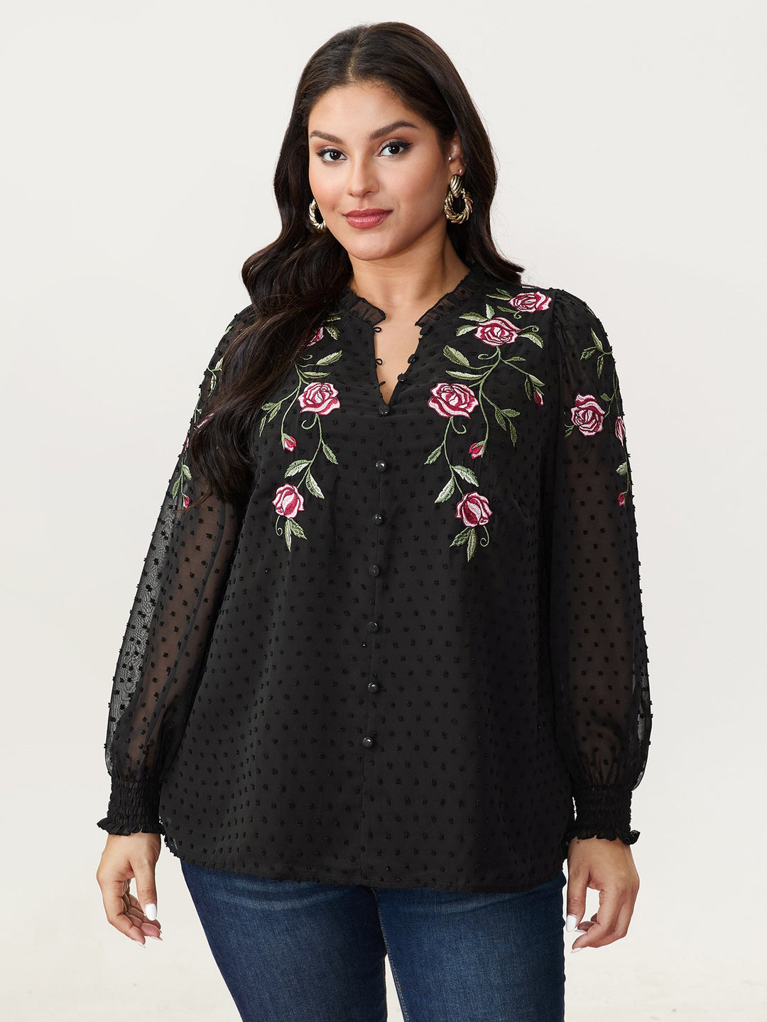 Rose Embroidered Textured Sheer Blouse