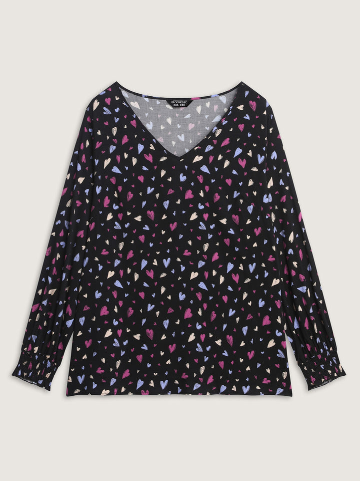 Colorful Heart Print V-Neck Blouse