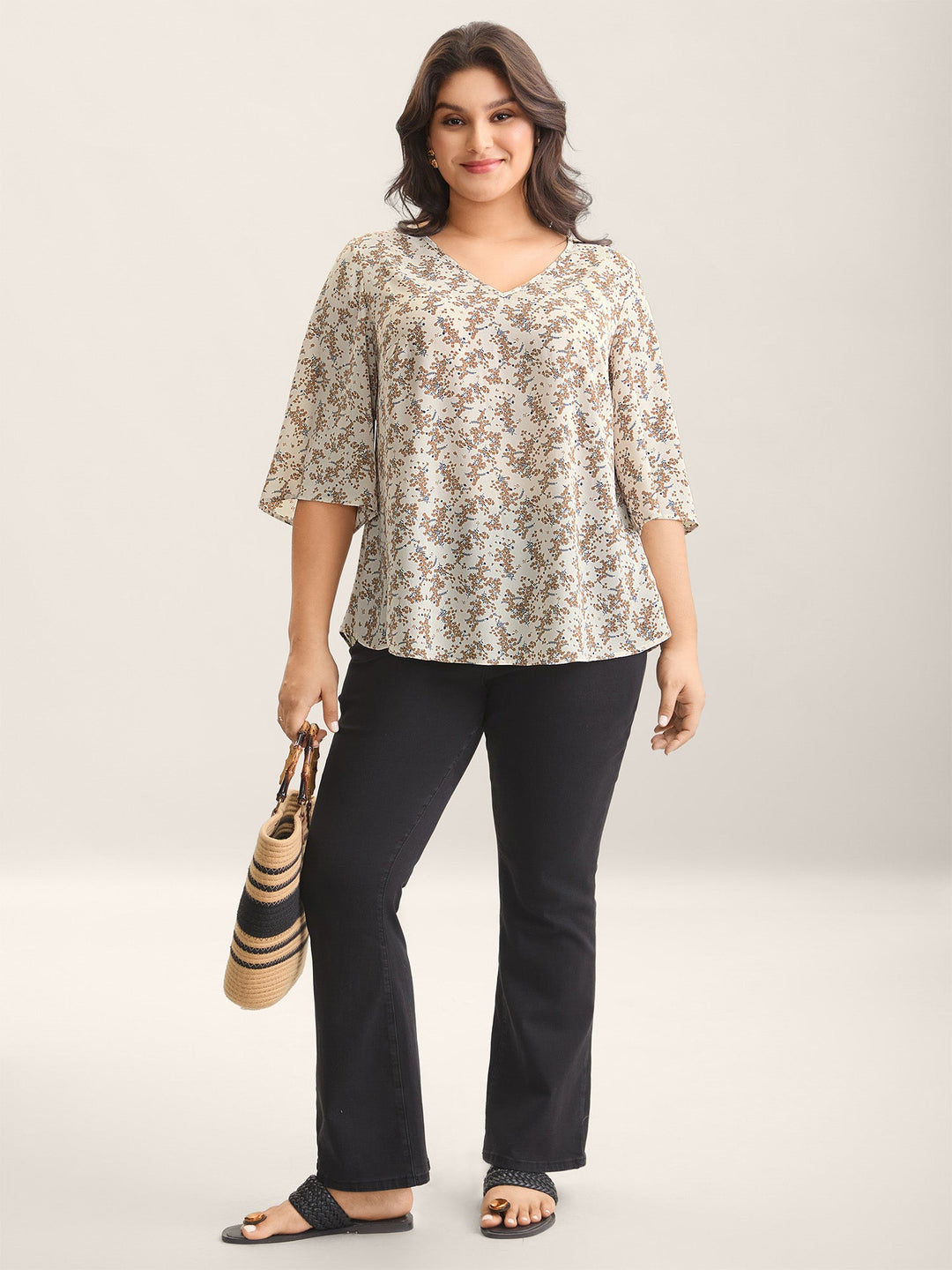 Floral Print Curvy Hem V-Neck Shirt