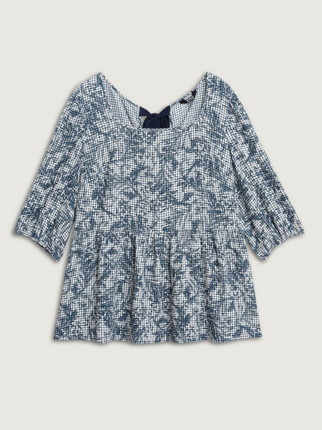 Check Toile de Jouy Shirred Pattern Blouse