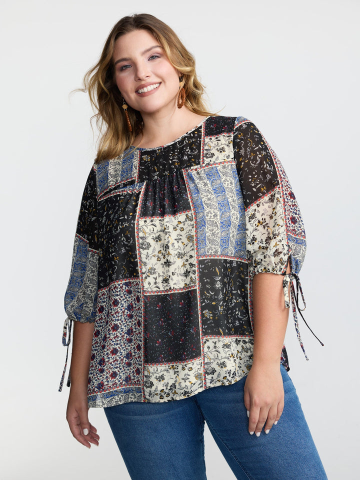 Boho Collage Print Sleeve-Tie Blouse