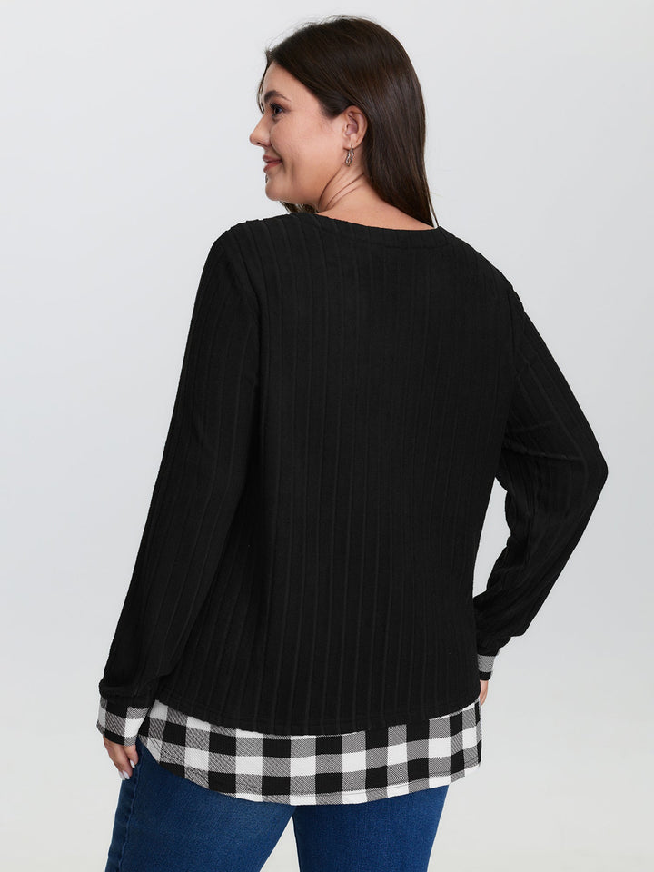 Checkered Notched Collar Contrast Knit Top