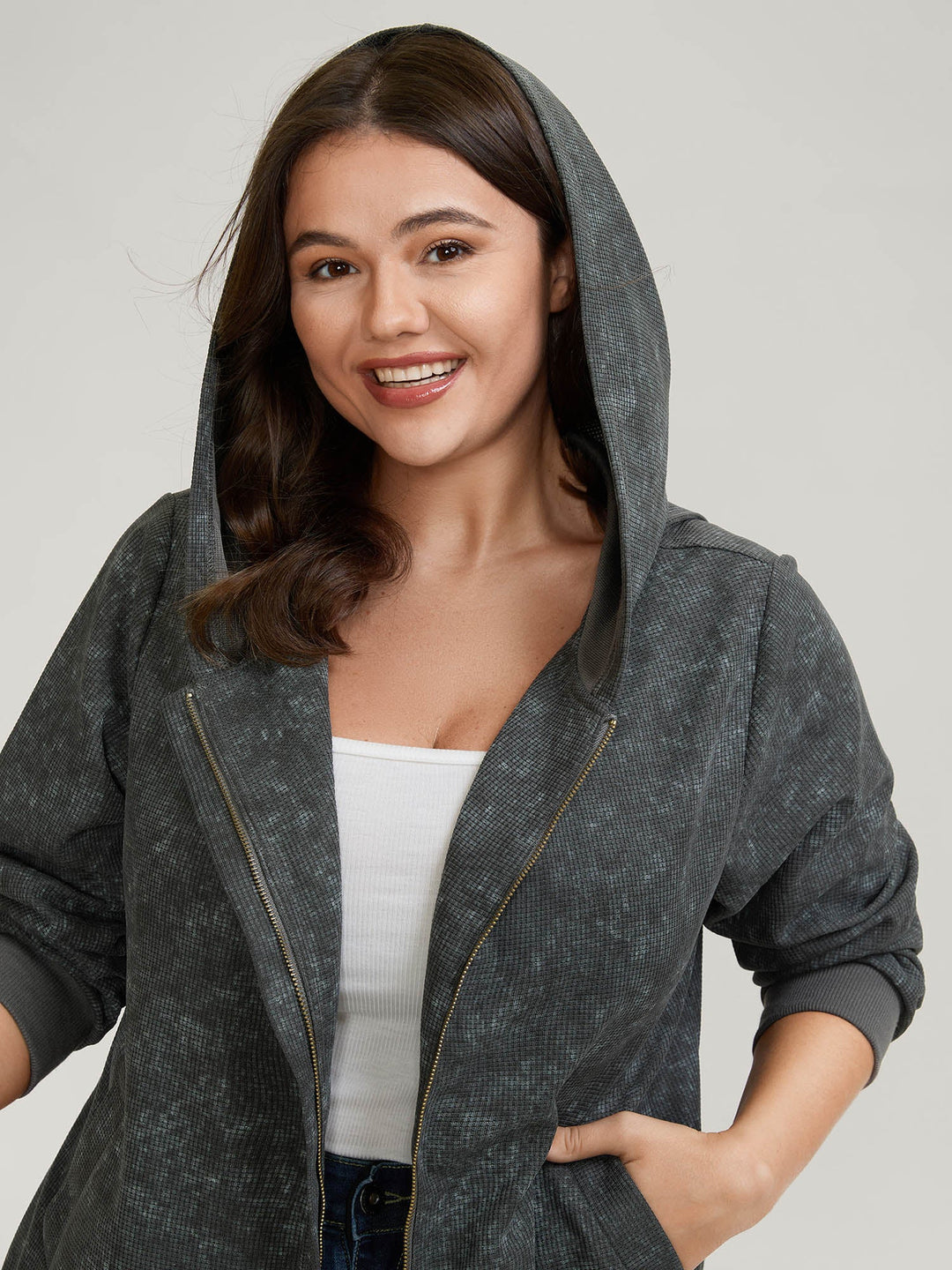 Waffle Texture Solid Zipper Hoodie