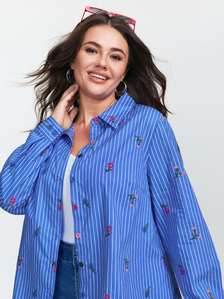 Floral Embroidered Striped Button-Down Shirt