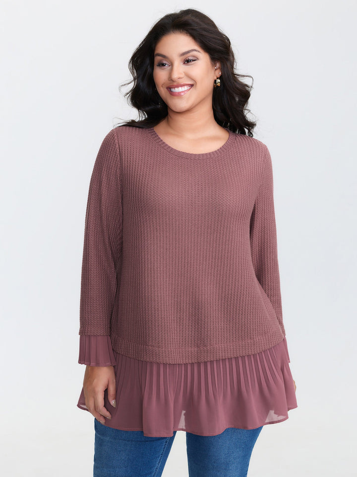 Waffle Chiffon Hem Crew Neck Top