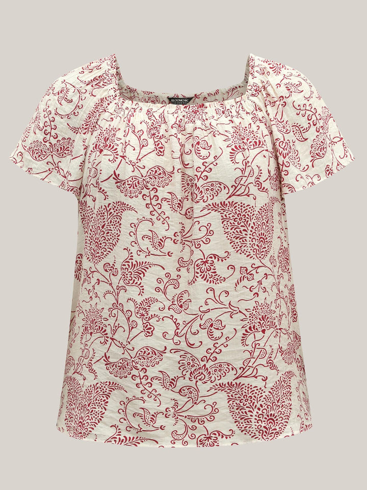 Floral Print Shirred Neck Flowy Blouse