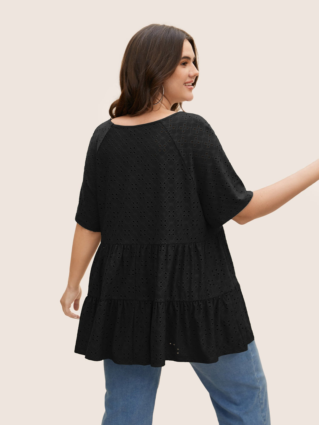 Solid Broderie Anglaise Ruffle Layered Hem T-shirt