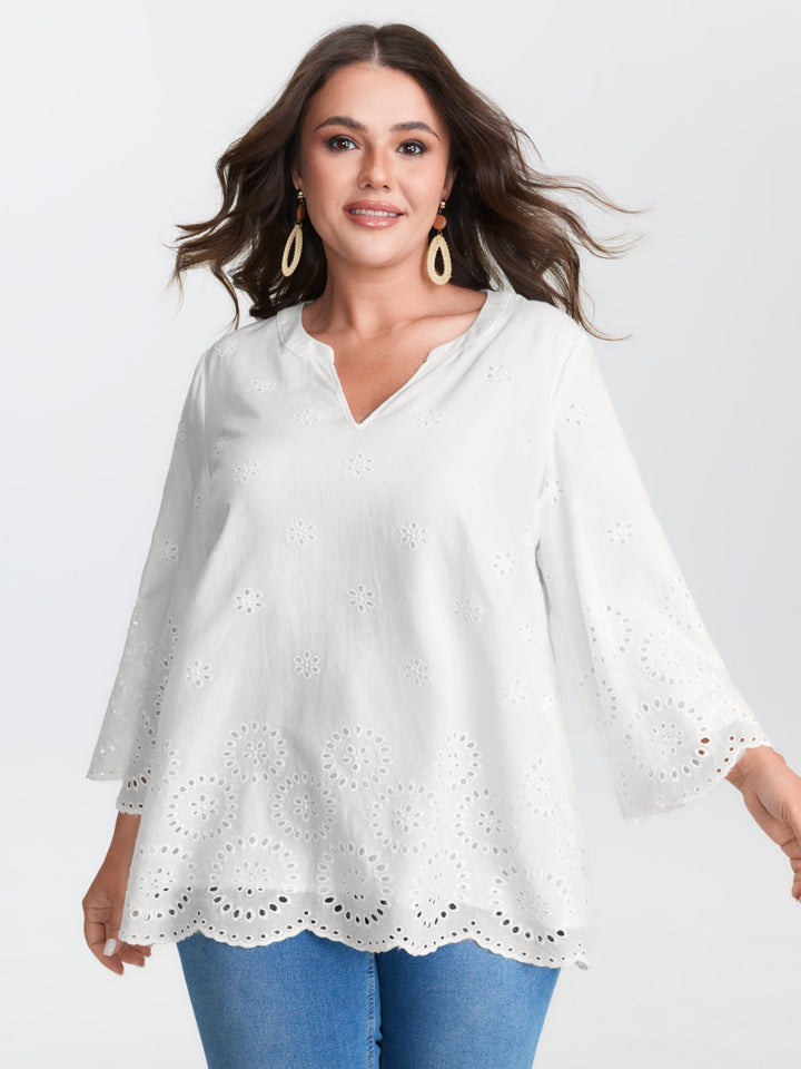 Floral Eyelet Trim Notched Collar Blouse