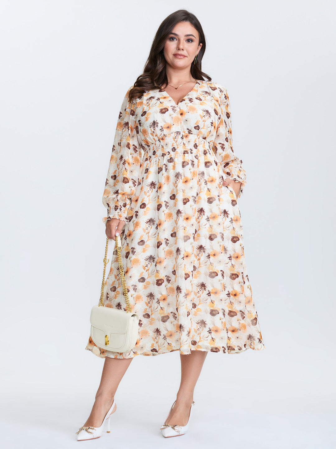 Chiffon Floral Print Shirred Waist Midi Dress