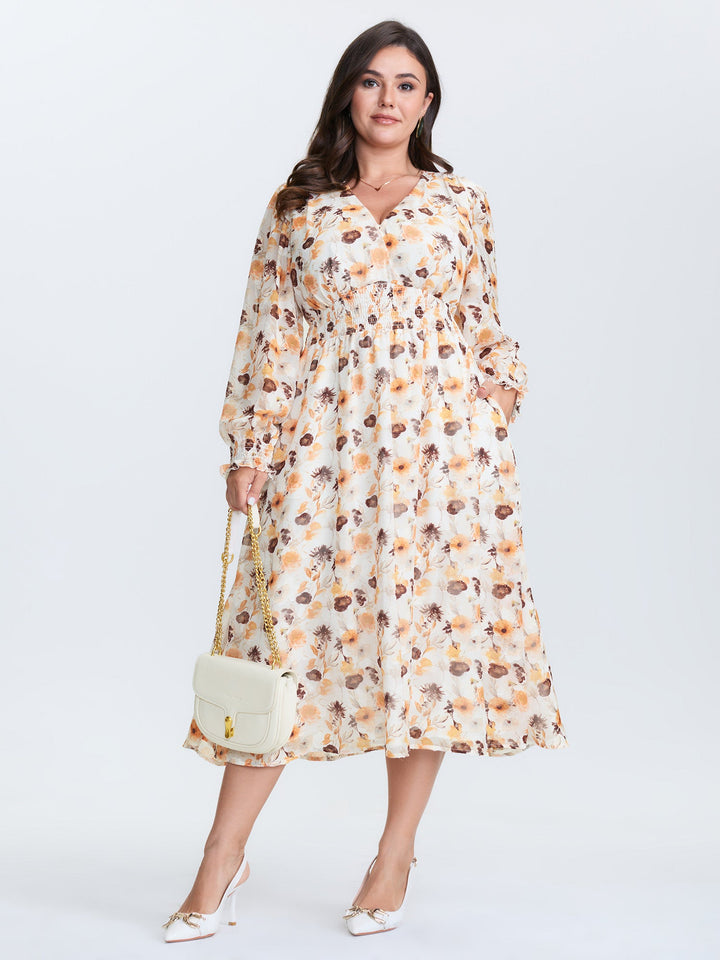 Chiffon Floral Print Shirred Waist Midi Dress
