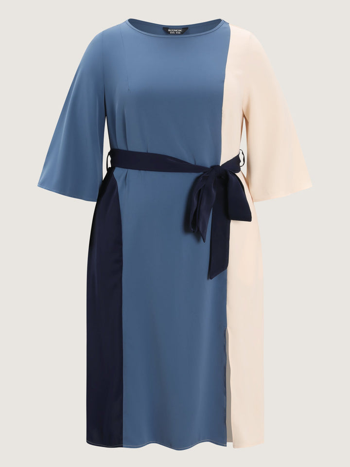 Colorblock Belted Round Neck Midi Dress