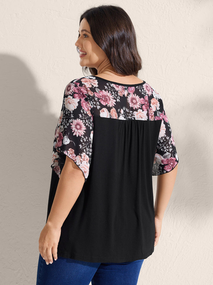 Supersoft Floral Ruffled Sleeve Neck Tie Knit Top