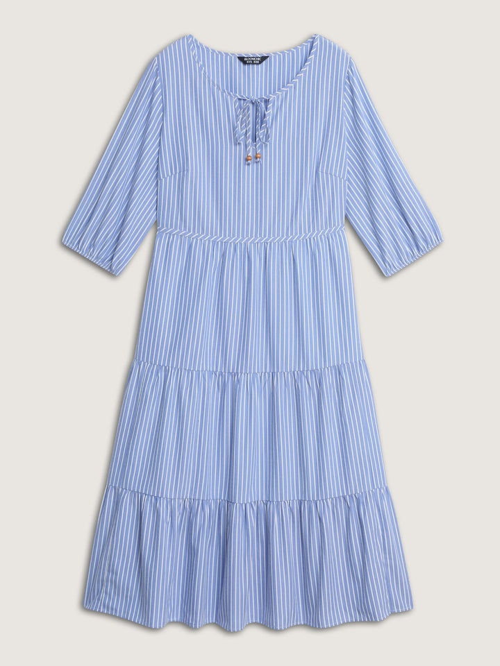 Striped Neck-Tie Tiered Midi Dress
