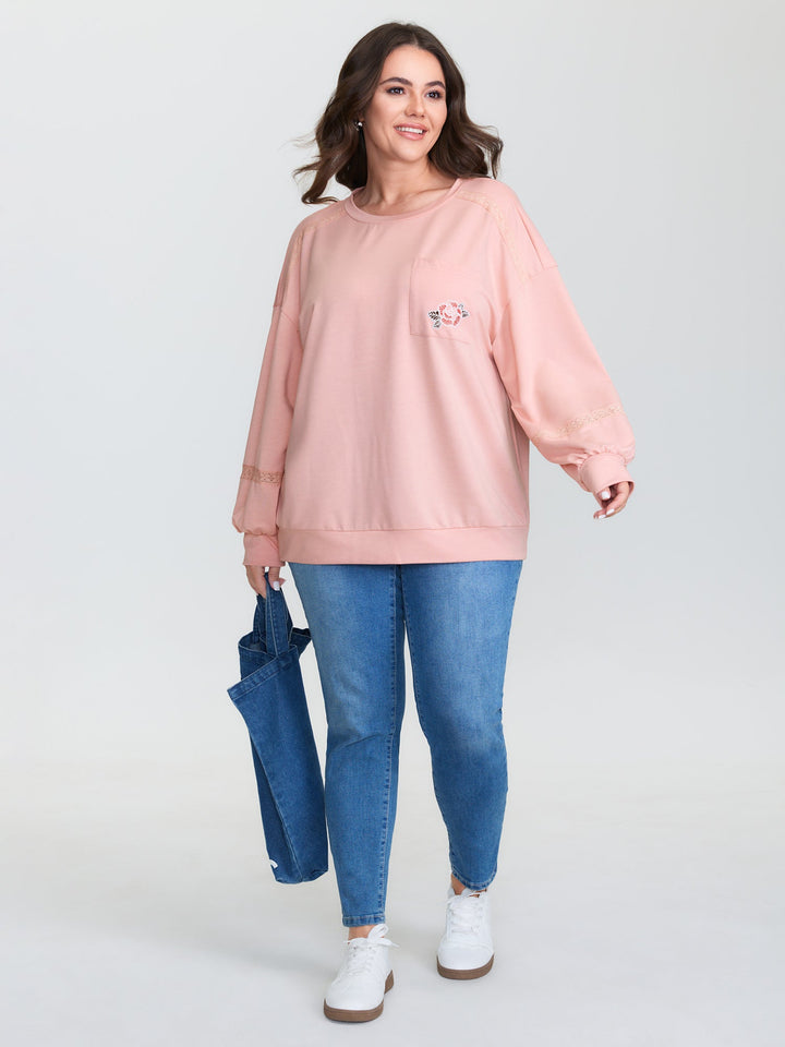 Floral Embroidery Lace Trim Sweatshirt