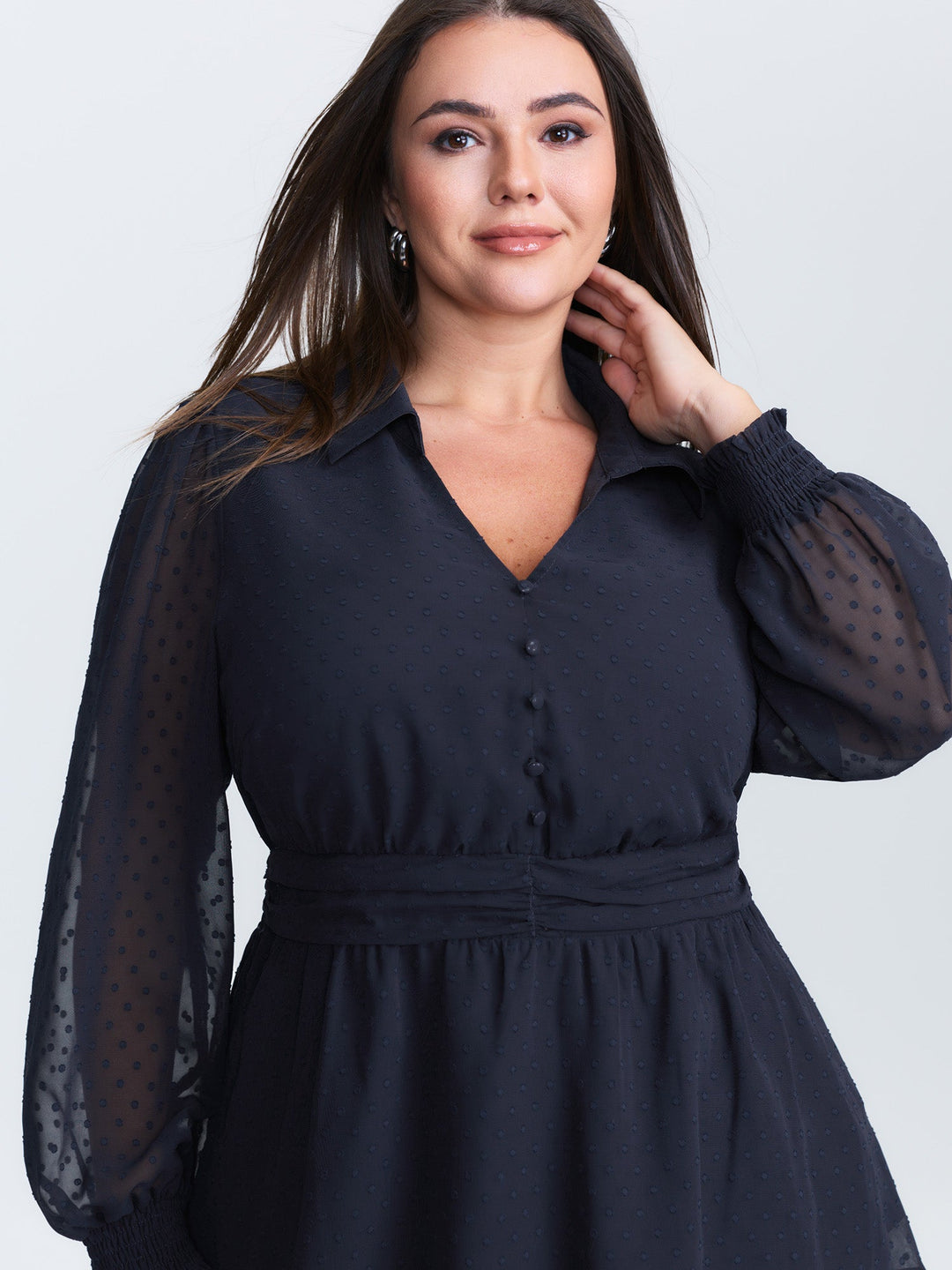 Textured Polka Dots Shirred Sheer Blouse