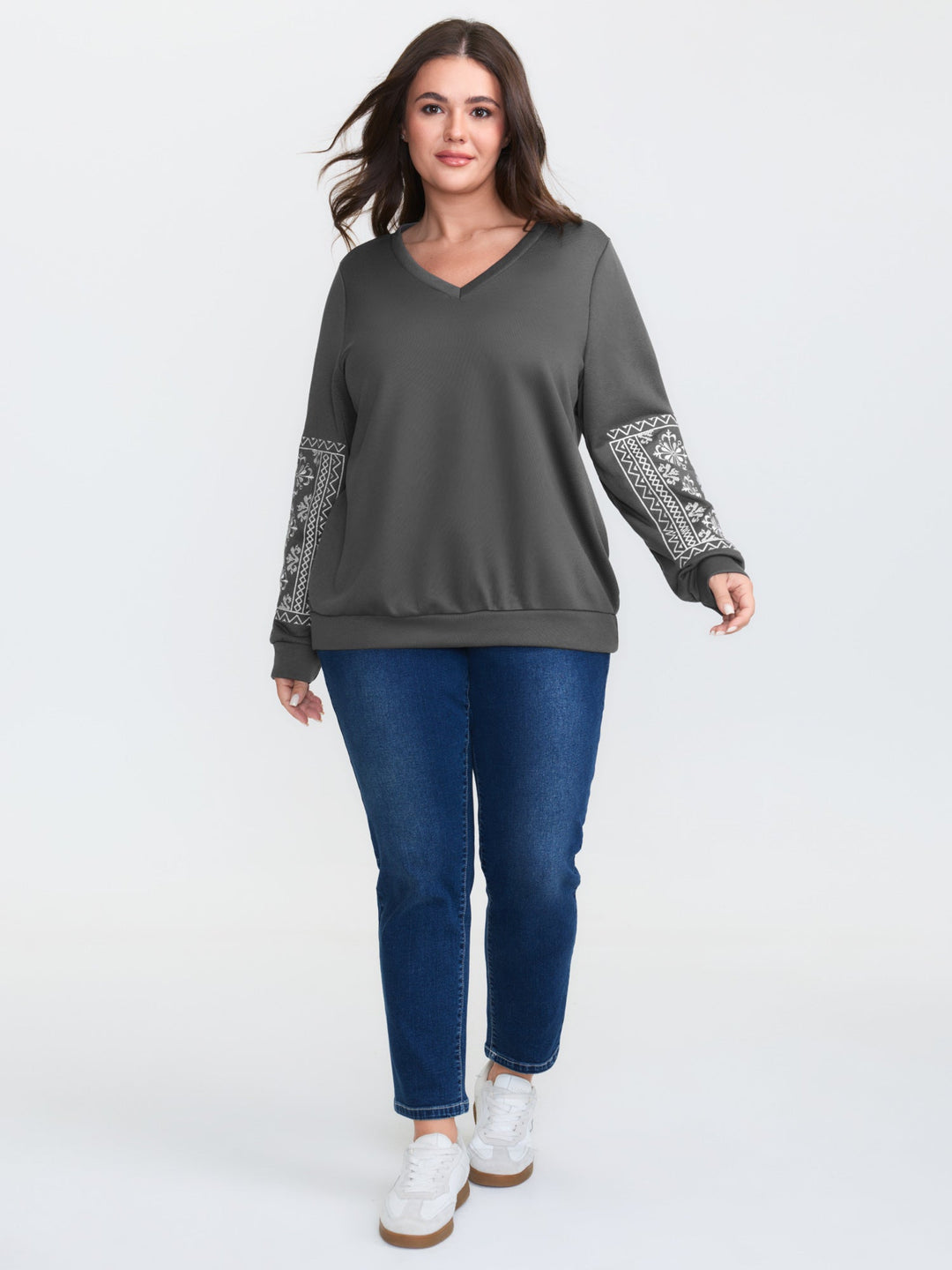 Boho Embroidered Sleeve V-Neck Sweatshirt