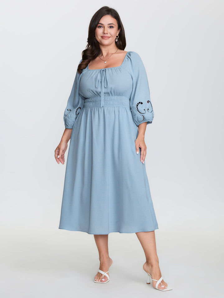 Floral Cut-Out Embroidery Stretchy Waist Midi Dress