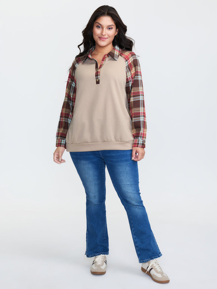 Polo Collar Plaid Contrast Half-Placket Sweatshirt