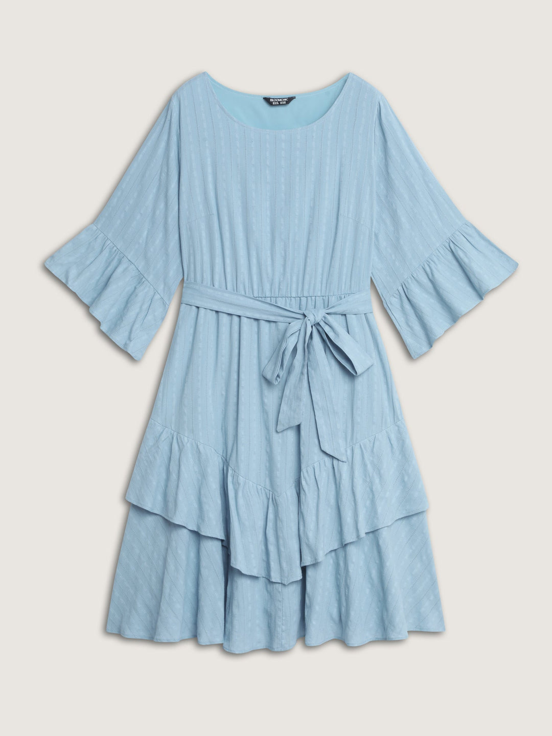 Pure Cotton Jacquard Textured Waist-Tie Midi Dress