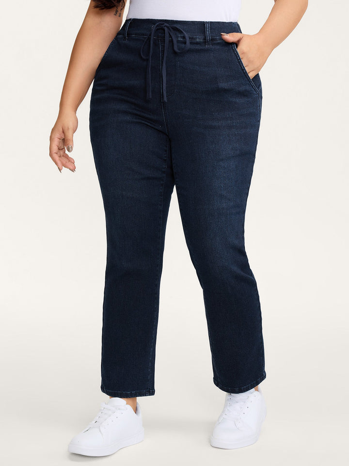 Supersoft Elastic Waistband Drawstring Straight Leg Jeans