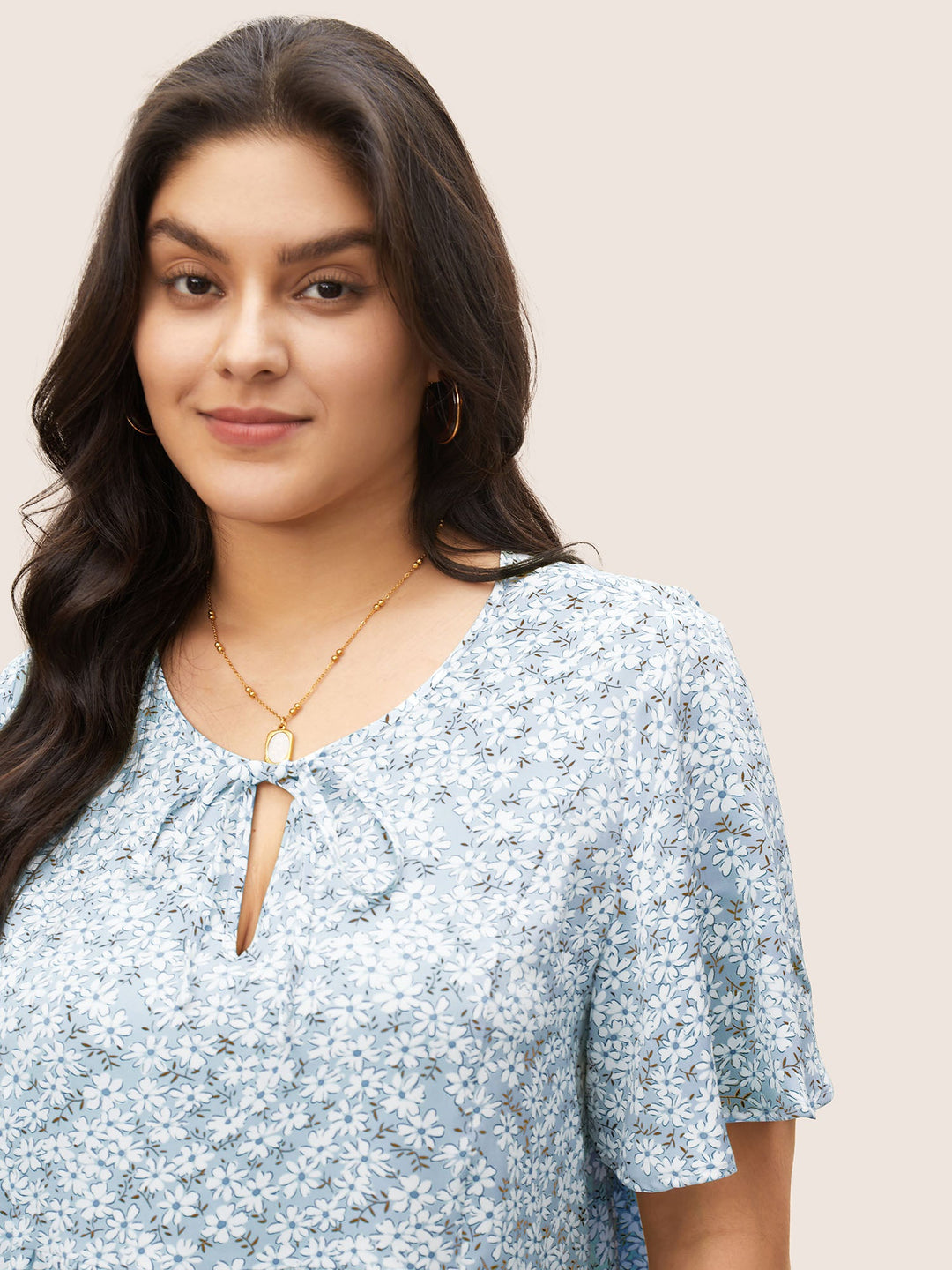 Ditsy Floral Ruffle Sleeve Gathered Ties Blouse