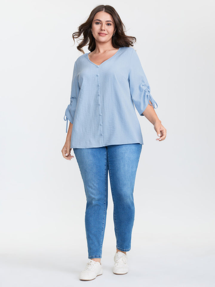 Adjustable Gathered Sleeve Button Blouse