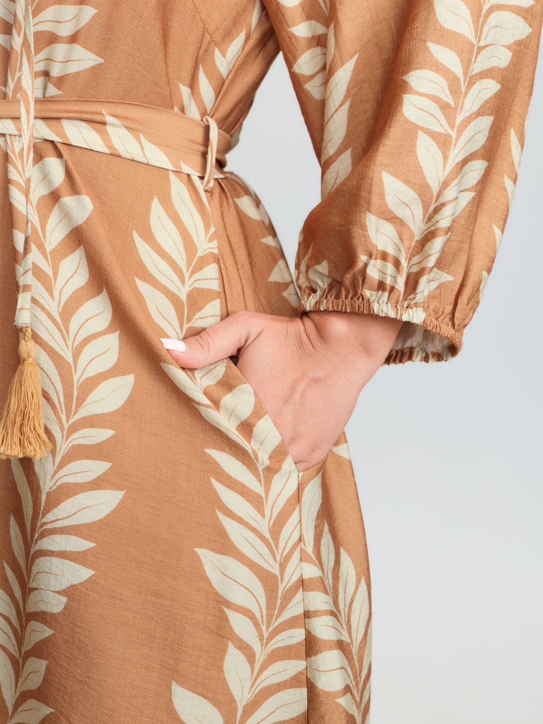 Leaf Print Waist-Tie Round Neck Midi Dress