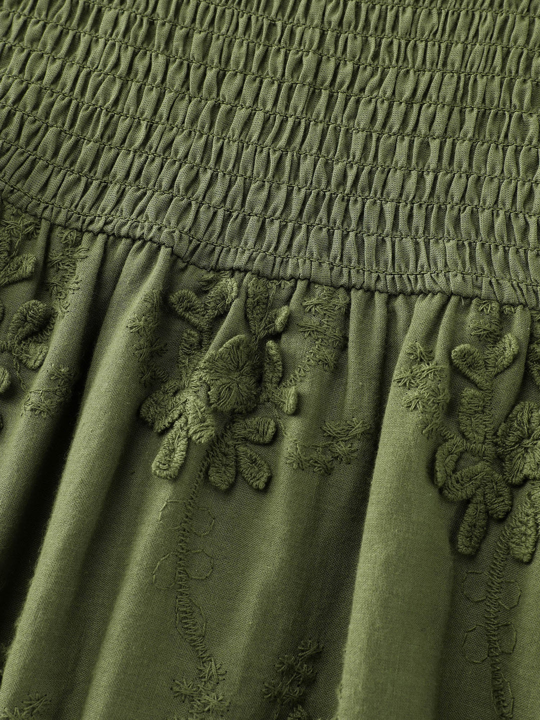 Textured Embroidery Shirred Square Neckline Midi Dress
