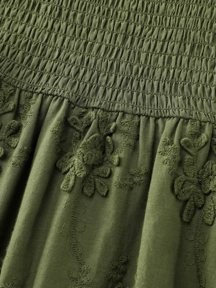 Textured Embroidery Shirred Square Neckline Midi Dress
