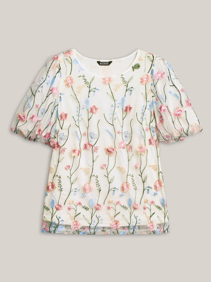 Floral Embroidered Mesh Bubble Sleeve Blouse