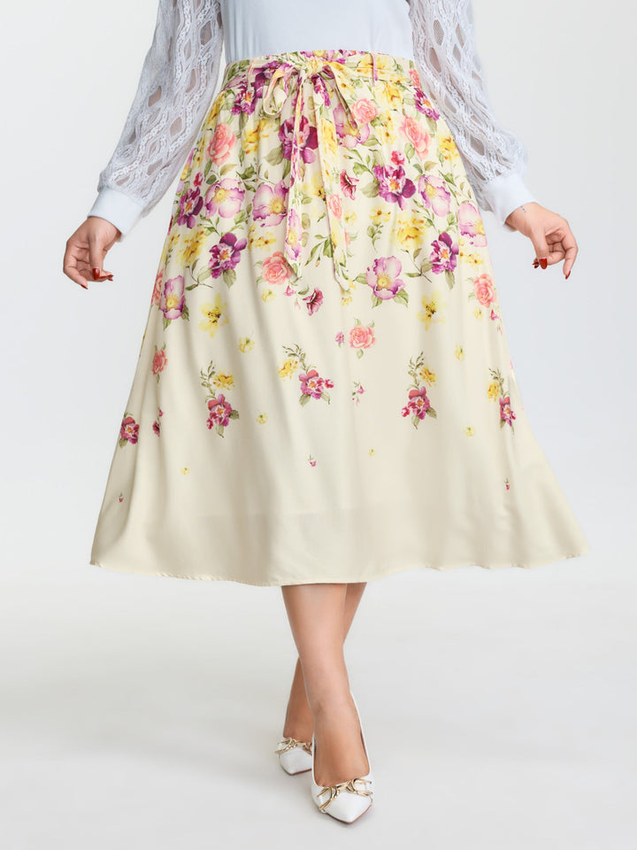 Sweet Floral Print Stretchy Waist Midi Skirt