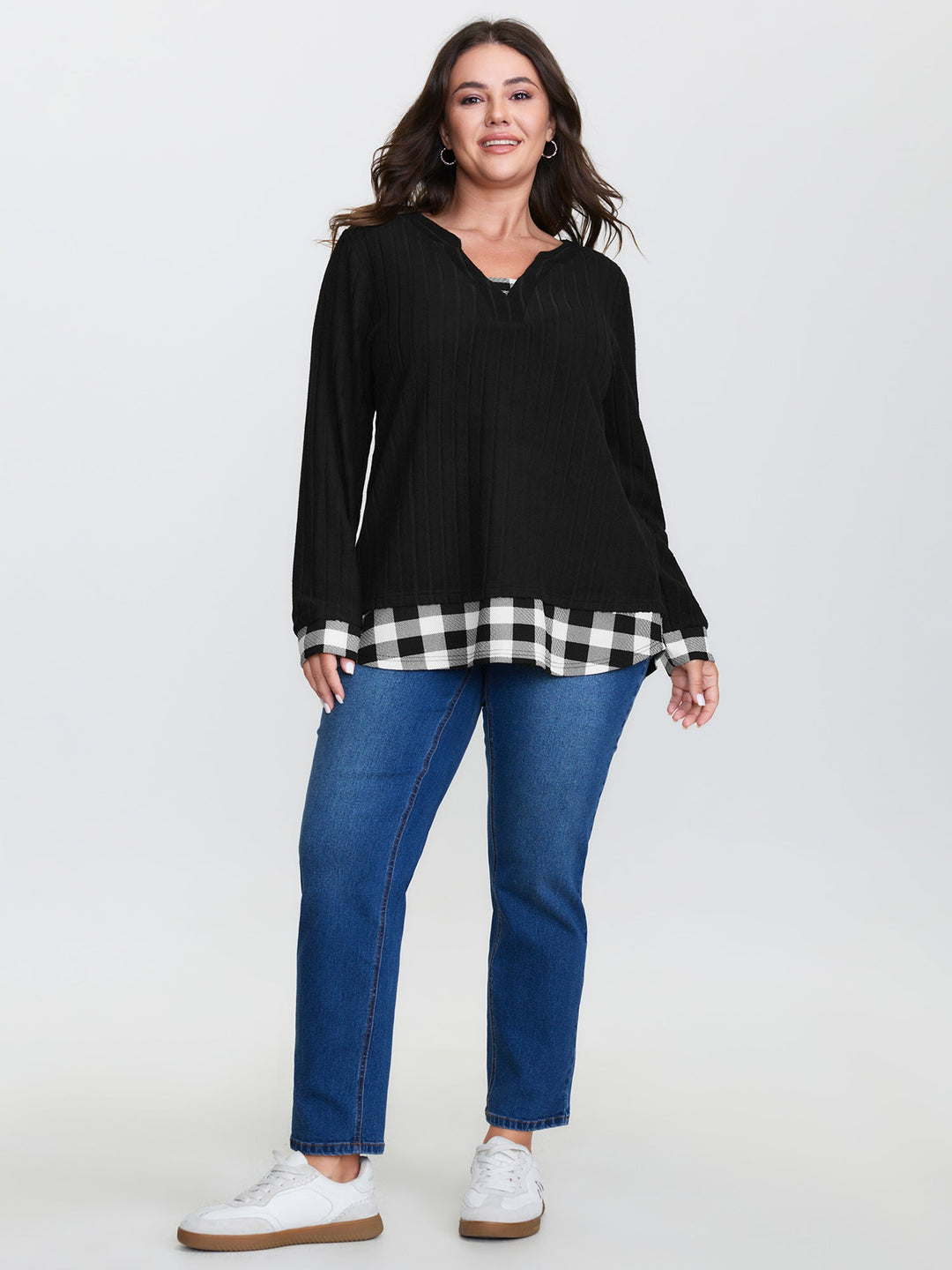 Checkered Notched Collar Contrast Knit Top