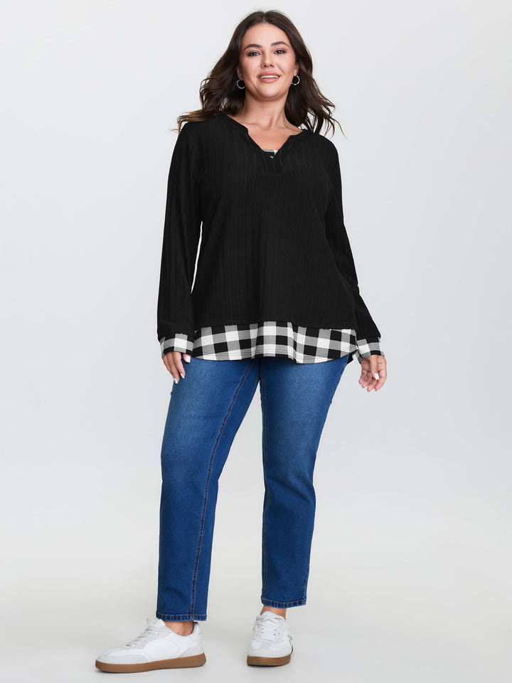Checkered Notched Collar Contrast Knit Top