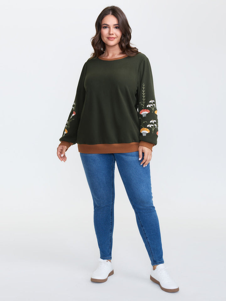 Plush Mushroom Embroidered Sleeve Sweatshirt