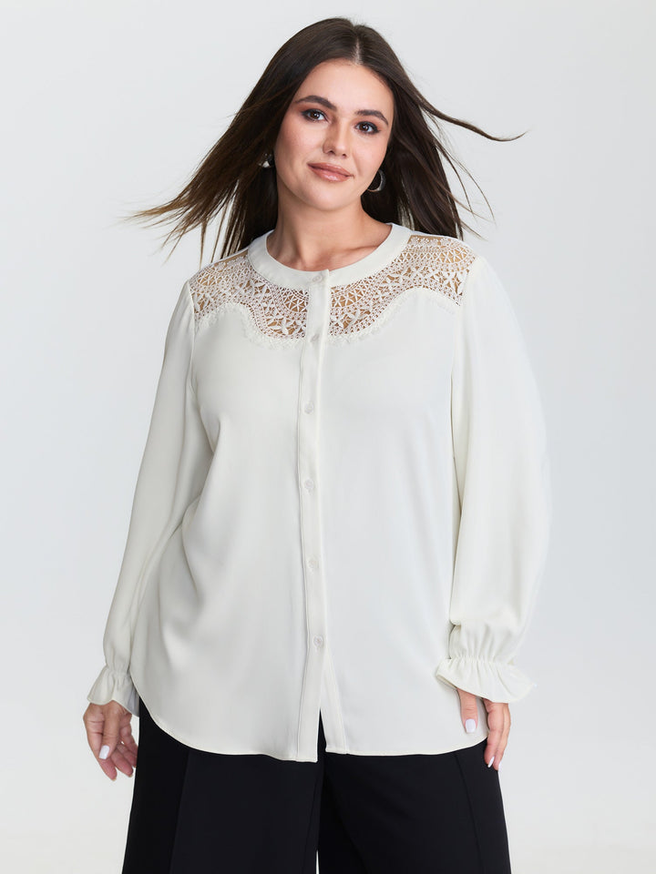 Sheer Neckline Ruffled Cuff Sleeve Blouse