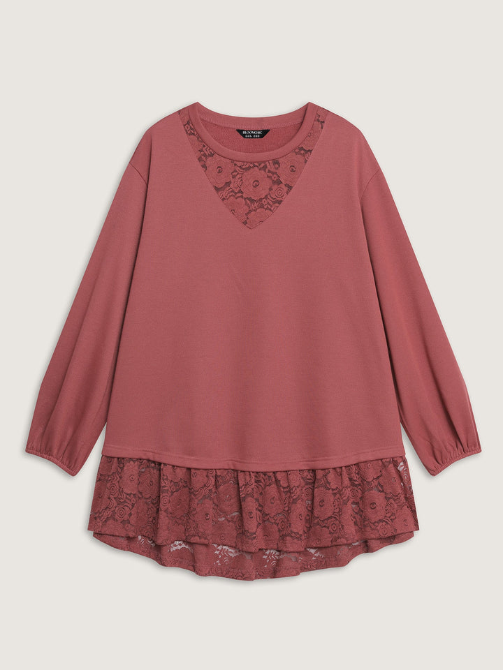 Lace Layered Hem Contrast Sweatshirt