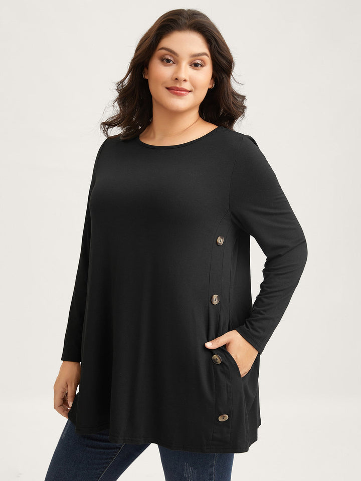 Round Neck Button Slim-Fit Knit Top