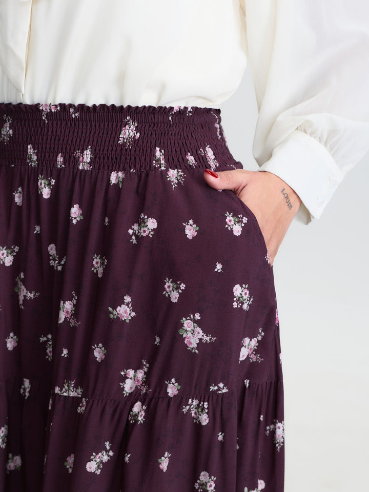 Floral Shirred Waist Tiered Maxi Skirt