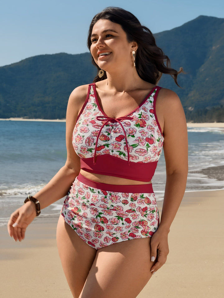 Floral Print Drawstring Front Swim Top
